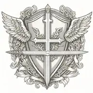 sword handles behind templar shield with wings behind a cross with ribbon   tattoo design idea