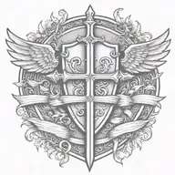 sword handles behind templar shield with wings behind a cross with ribbon   tattoo design idea