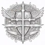 sword handles behind templar shield with wings behind a cross with ribbon   tattoo design idea