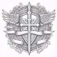 sword handles behind templar shield with wings behind a cross with ribbon   tattoo design idea
