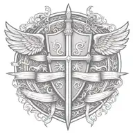 sword handles behind templar shield with wings behind a cross with ribbon   tattoo design idea