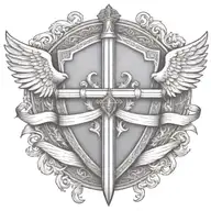 sword handles behind templar shield with wings behind a cross with ribbon   tattoo design idea