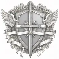 sword handles behind templar shield with wings behind a cross with ribbon   tattoo design idea