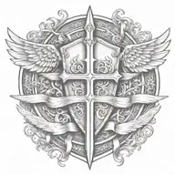 templar shield and sword with wings behind a cross with ribbon   tattoo design idea