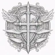 templar shield and sword with wings behind a cross with ribbon   tattoo design idea