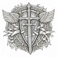 sword handles behind templar shield with wings behind a cross with ribbon   tattoo design idea