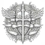 sword handles behind templar shield with wings behind a cross with ribbon   tattoo design idea