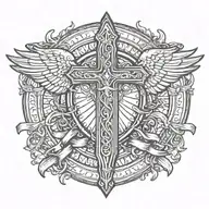 sword handles behind templar shield with wings behind a cross with ribbon saying John 15-13  tattoo design idea