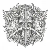 sword handles behind templar shield with wings behind a cross with ribbon saying John 15-13  tattoo design idea