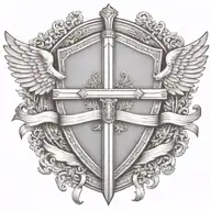 sword handles behind templar shield with wings behind a cross with ribbon   tattoo design idea
