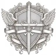 sword handles behind templar shield with wings behind a cross with ribbon   tattoo design idea