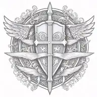 sword handles behind templar shield with wings behind a cross with ribbon   tattoo design idea