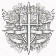 sword handles behind templar shield with wings behind a cross with ribbon   tattoo design idea