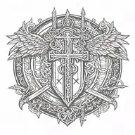 sword handles behind templar shield with winged cross tattoo design idea