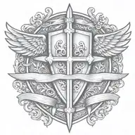 sword handles behind templar shield with wings behind a cross with ribbon   tattoo design idea