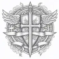 sword handles behind templar shield with wings behind a cross with ribbon   tattoo design idea