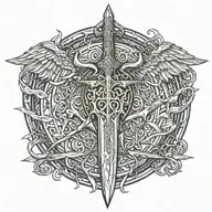 Legolas sword handles behind templar shield with cross with ribbon and wings  tattoo design idea
