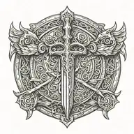 Legolas sword handles behind templar shield with cross with ribbon and wings  tattoo design idea