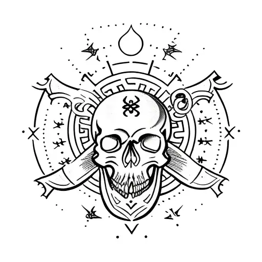 A tarot tattoo of a skull with alchemical symbols surrounding it tattoo design idea