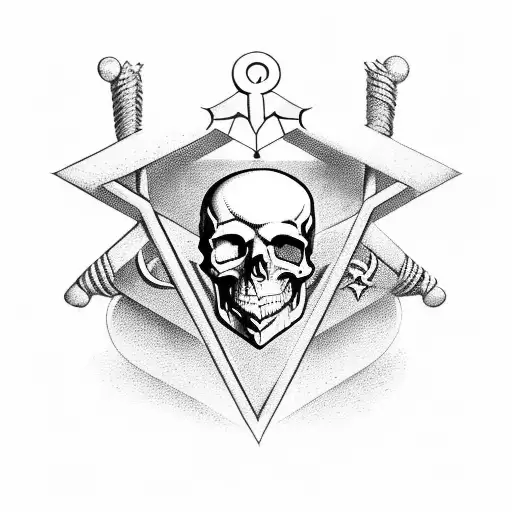 A masonic symbol of a skull with crossed bones, surrounded by religious iconography, done in black-grey style. tattoo design idea
