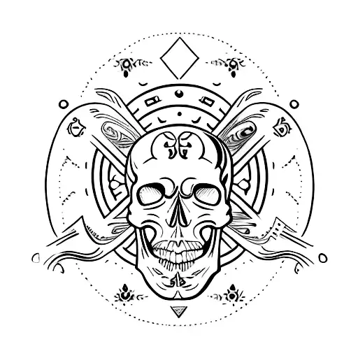 A minimalist tattoo of a skull with alchemical symbols surrounding it tattoo design idea
