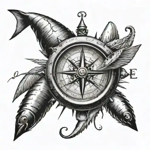 A black-grey tattoo of a compass surrounded by sardines tattoo design idea