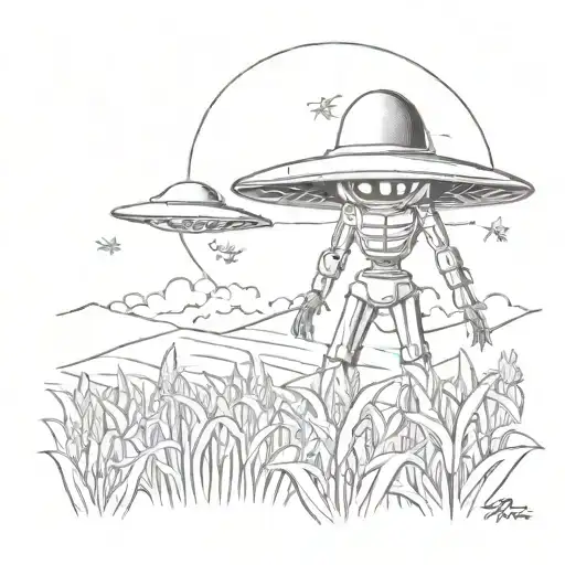 ufo beaming on corn feild with scarecrow tattoo design idea