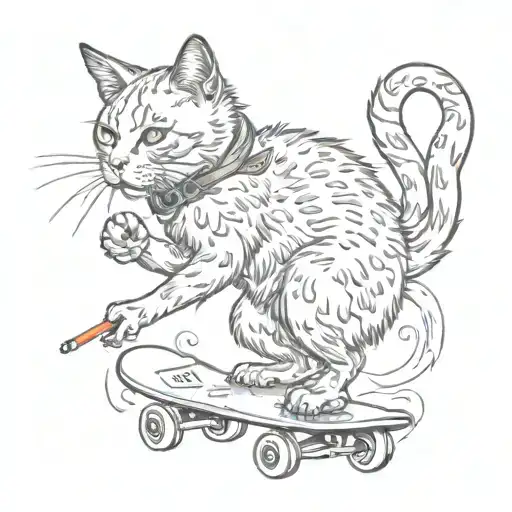 stray cat standing and skateboarding and smoking cigarette tattoo design idea