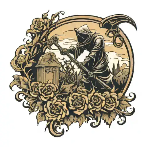 cemetery and the holy death with scythe tattoo design idea