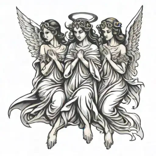 three full body angels with faces of anger, disappointment and sadness tattoo design idea