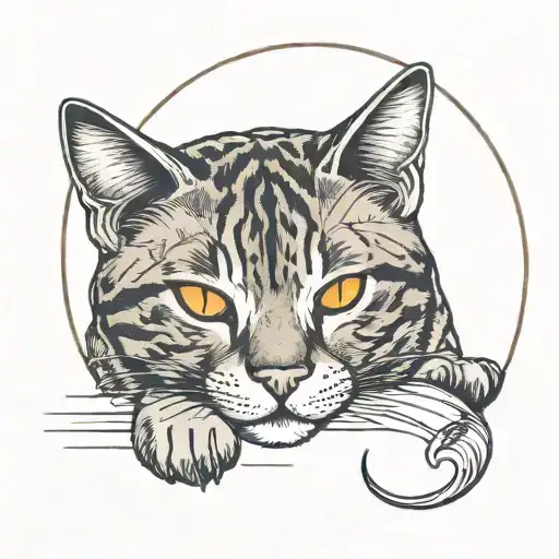 Tabby cat lying down forming a minimalist moon tattoo design idea