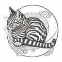 Tabby cat lying down forming a minimalist moon tattoo design idea