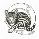 Tabby cat lying down forming a minimalist moon tattoo design idea