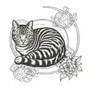 Tabby cat lying down forming a minimalist moon tattoo design idea