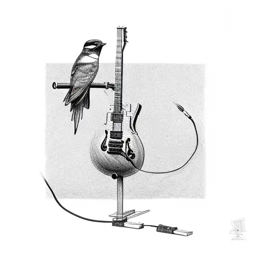 A bird perched on a guitar neck with electrical circuitry tattoo design idea