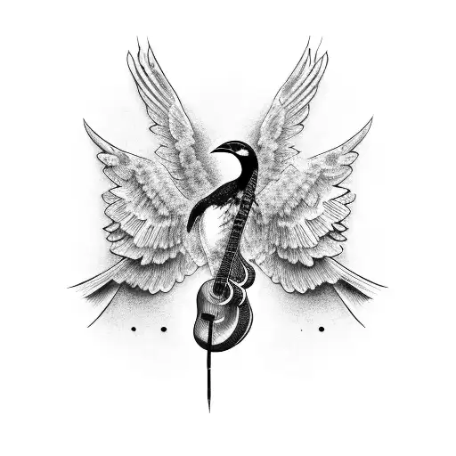 A bird perched on a guitar neck with electrical circuitry tattoo design idea