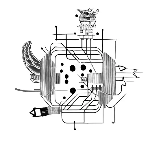 A bird perched on a guitar neck with electrical circuitry tattoo design idea