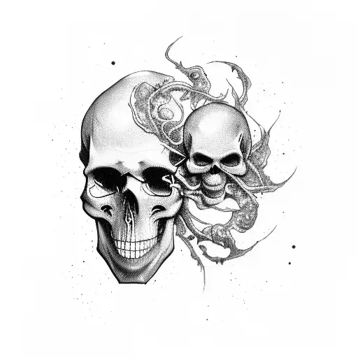 A spectral ghost, ethereal and enigmatic, intertwines with a weathered skull, evoking the ephemeral nature of life. tattoo design idea