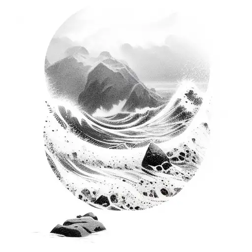 A powerful image of a wave crashing against a rocky shore, with a hidden silhouette of a siren emerging from the water tattoo design idea