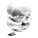 A powerful image of a wave crashing against a rocky shore, with a hidden silhouette of a siren emerging from the water tattoo design idea