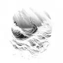 A powerful image of a wave crashing against a rocky shore, with a hidden silhouette of a siren emerging from the water tattoo design idea
