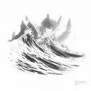 A powerful image of a wave crashing against a rocky shore, with a hidden silhouette of a siren emerging from the water tattoo design idea