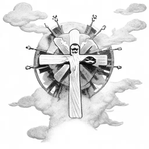 Romans 8:18 on top of a cross and praying hands surrounded with clouds  tattoo design idea