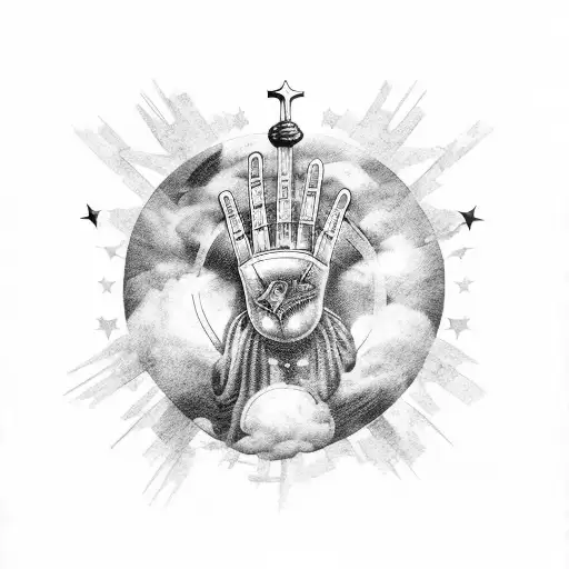 Romans 8:18 on top of praying hands surrounded with clouds and stars  tattoo design idea