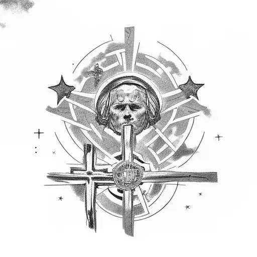 Romans 8:18 on top of a cross and praying hands surrounded with clouds and stars  tattoo design idea