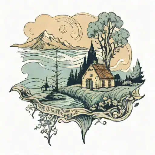 Van Gogh landscape tatto featuring the lyrics "come along and go with me. wander with me it's all for free" in the sky tattoo design idea