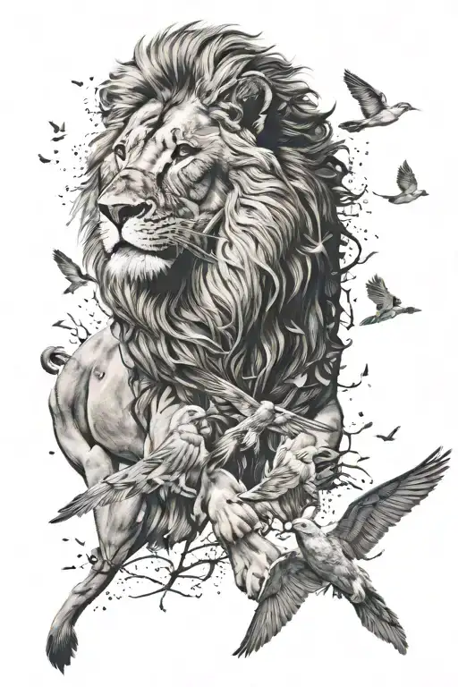 Lion with birds flying away tattoo design idea