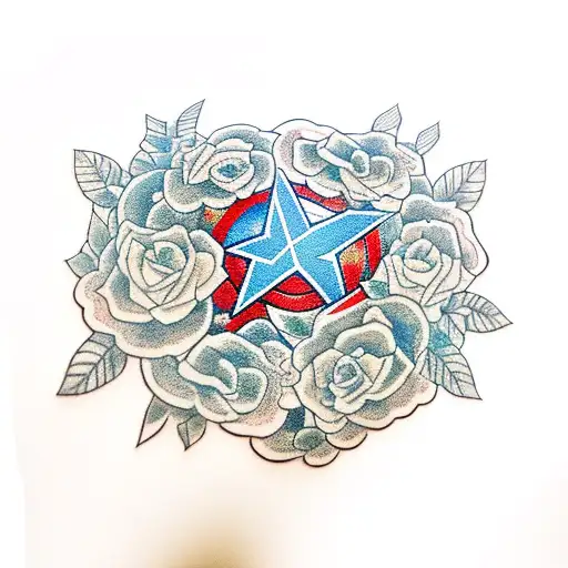 Captain Americas shield broken with flowers and vines growing through tattoo design idea
