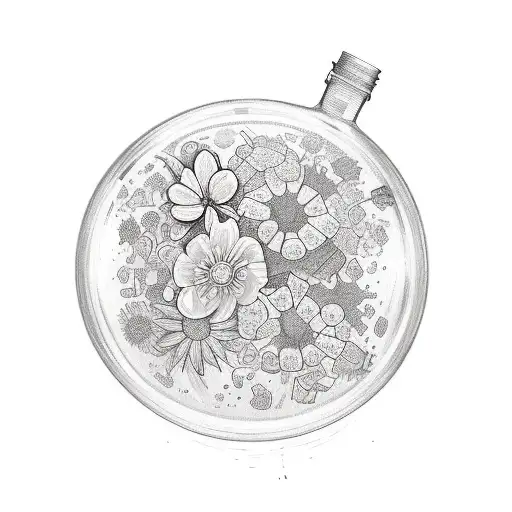 A sketch-style tattoo of a chemistry flask overflowing with colorful flowers and the Asper X name written in elegant script tattoo design idea