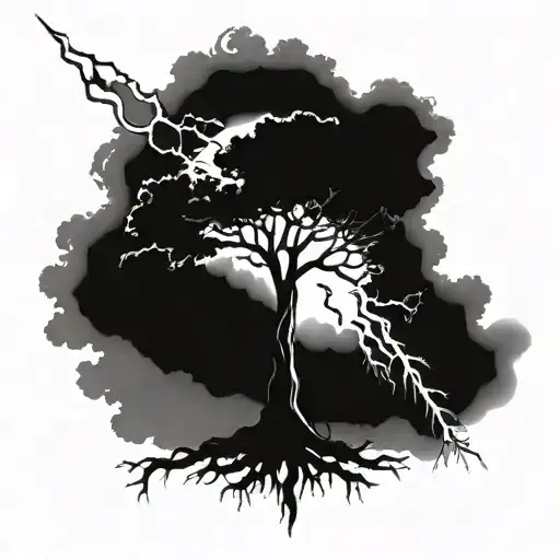 oak tree and lightning bolts surrounding tattoo design idea